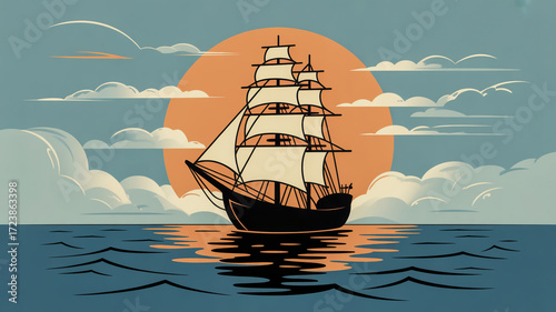 A stylized digital illustration of a tall ship silhouetted against a large orange sun in the sky.