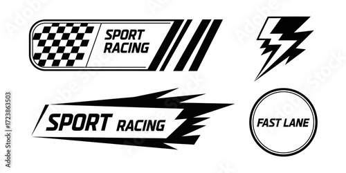 Collection of monochrome racing sport emblems, dynamic speed stripes, and fast lane decals