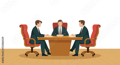 Business meeting scene with three professionals around a conference table, symbolizing leadership, teamwork, negotiation, and corporate cultureBusiness meeting scene with three professionals around a 