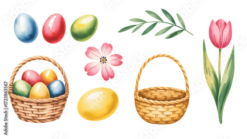 Watercolor easter eggs and spring basket collection.