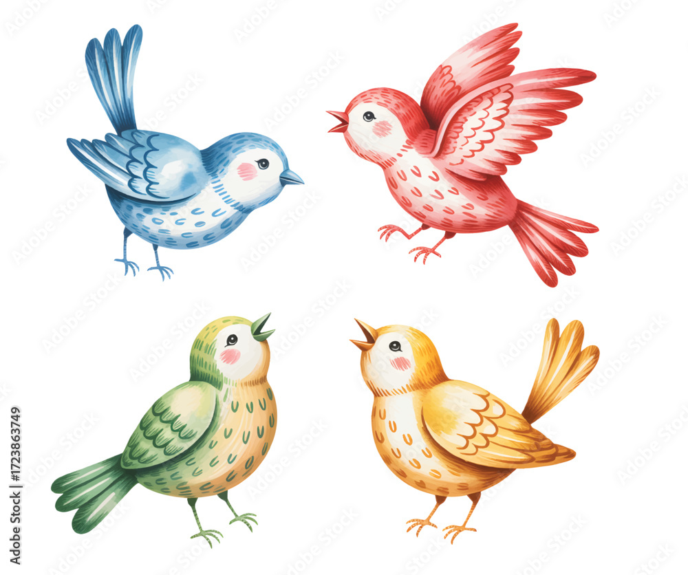 Obraz premium Cartoon birds illustration for children. Playful pastel bird clipart set for kids decor.