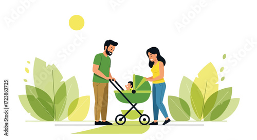 Happy Family enjoying a walk with baby in stroller illustration vector design flat style happy