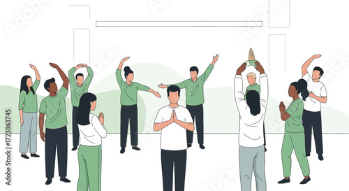 Group wellness activity with diverse participants in a bright open indoor space