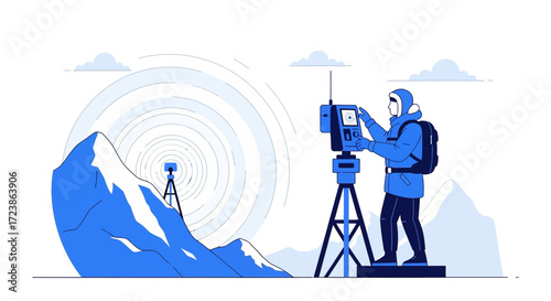 Illustrated surveyor operating equipment on a mountain peak for precise measurement tasks