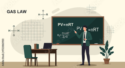 Illustrated teaching scene showing gas laws with a teacher and blackboard illustration