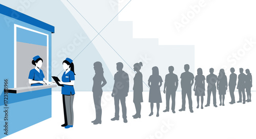 Illustration depicting a line of people waiting for assistance at a medical reception desk