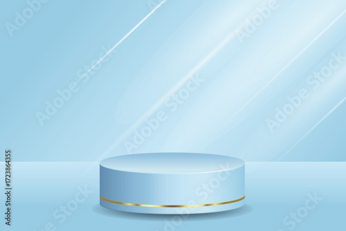 Futuristic 3D Blue Podium with golden strip and Spotlights, Perfect for Technology Concept, Product Display, Mockup, Showroom Showcase, and Modern Design Scene