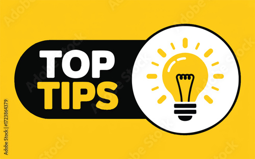 Yellow Light Bulb With Rays And Black Banner Saying Top Tips On Yellow Background idea advice