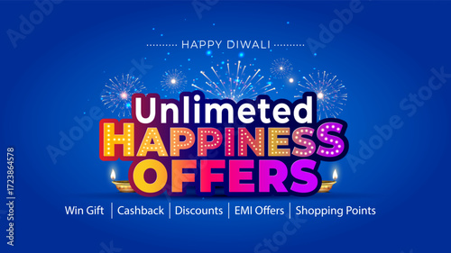 Unlimited Happiness offers logo unit with Happy Diwali festive background. Sale, deals Discounts promotional advertisement design.
