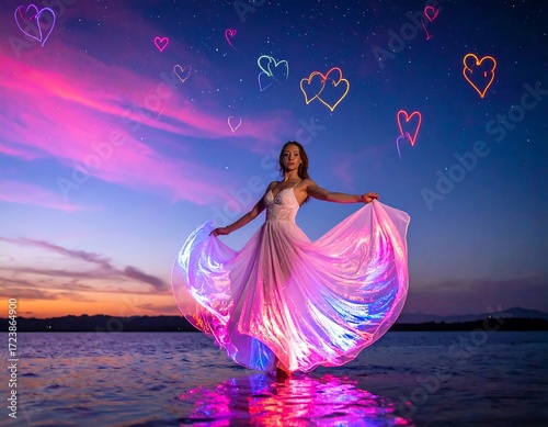 Woman in glowing dress at sunset