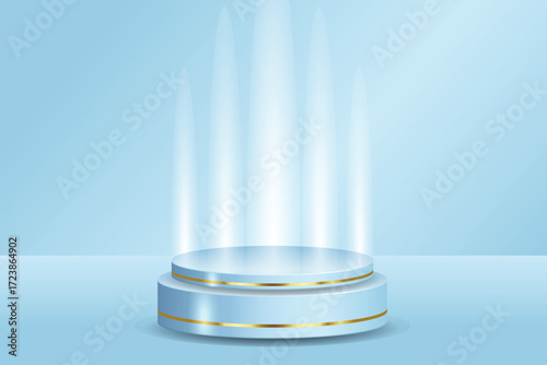 Futuristic 3D Blue Podiums with golden strip and Spotlights, Perfect for Technology Concept, Product Display, Mockup, Showroom Showcase, and Modern Design Scene