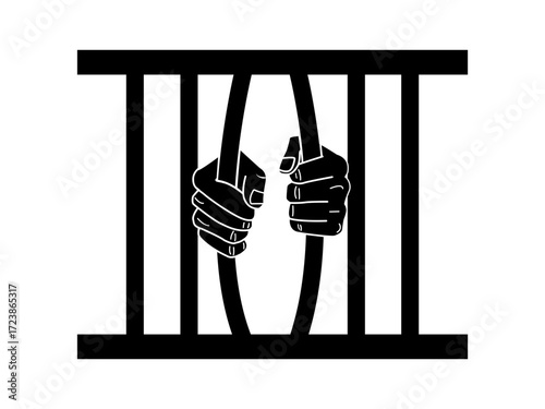 Prisoner hands holding jail bars silhouette. symbolizing imprisonment, punishment, and confinement.