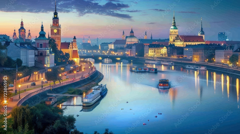 Fototapeta premium City river panorama at twilight