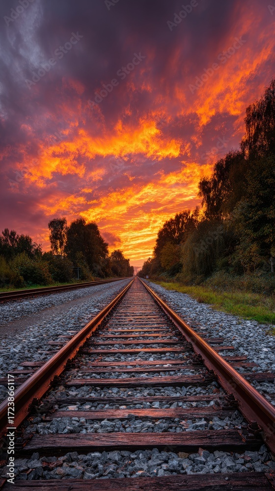 Fototapeta premium A breathtaking railway track extends into a fiery sunset, bathed in vibrant hues of orange and purple.