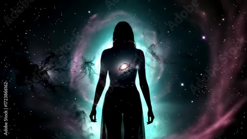 Mystical silhouette of a woman standing against a captivating backdrop of the cosmos