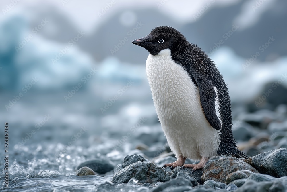 Obraz premium A penguin standing on a rocky beach next to the ocean