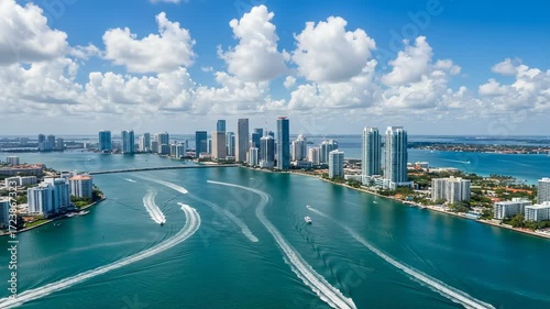 Miami skyline with boats on the water under a blue sky