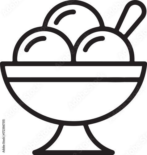 Simple outline drawing of a delicious ice cream sundae in a footed bowl