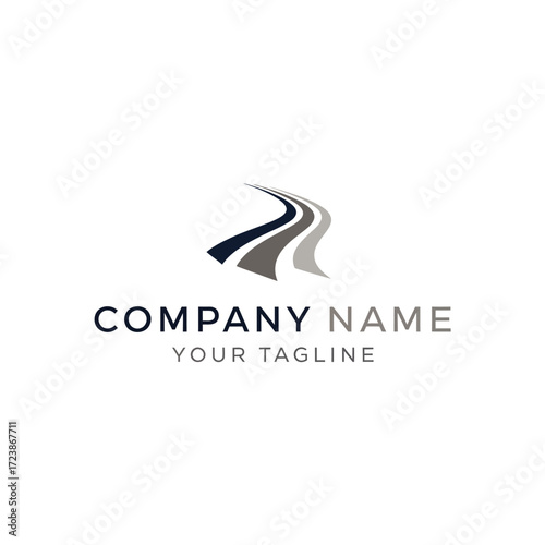 Minimalist logo design featuring a winding road icon in dark and light grey, with placeholder text for company name and tagline, set against a white background.