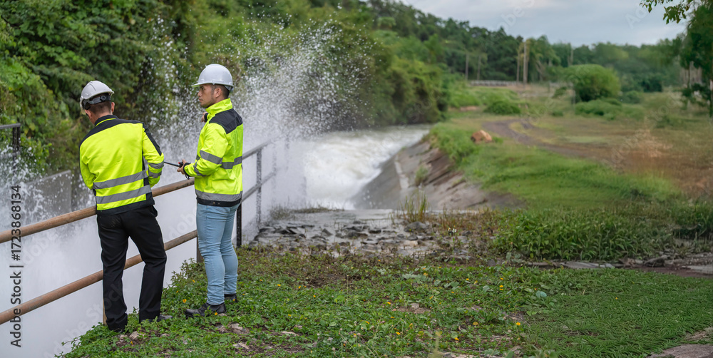 Obraz premium A engineering doing his checking routine. He is wearing hard hat and engineer uniform.Standing by the rail by the dam.Monitor water levels from the heavy rain that has been falling for several days.
