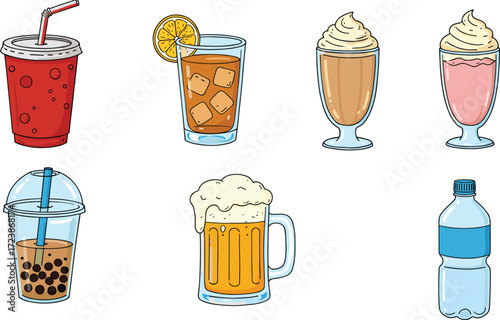 Colorful drinks illustration with soda, iced tea, milkshake, bubble tea, beer, water bottle, refreshing beverage collection for design