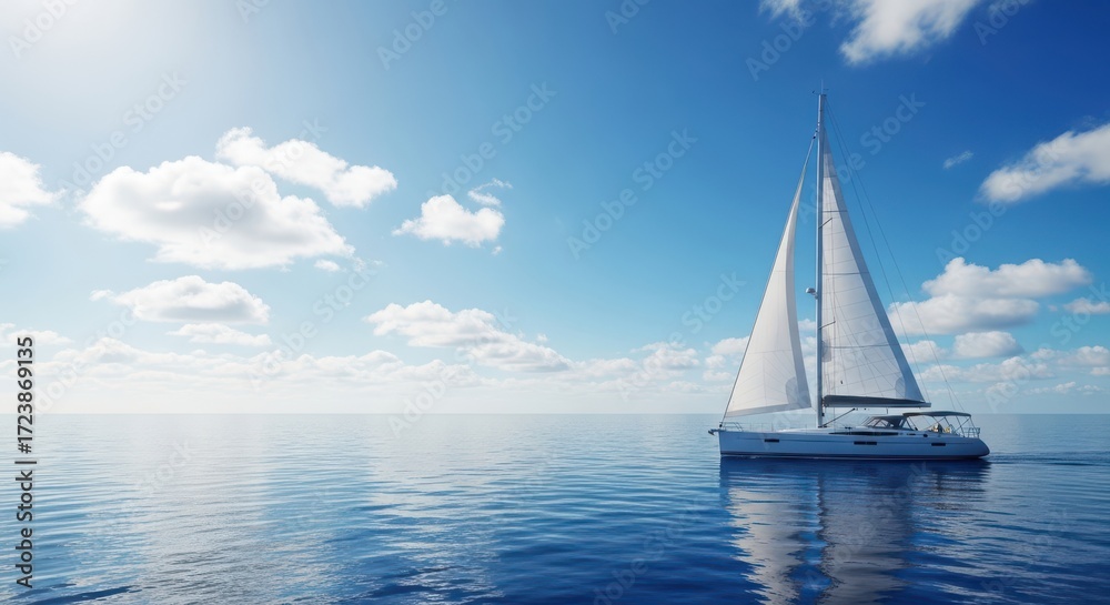 Obraz premium Serene Sailboat Gliding Across A Tranquil Blue Ocean Under A Sunny Sky