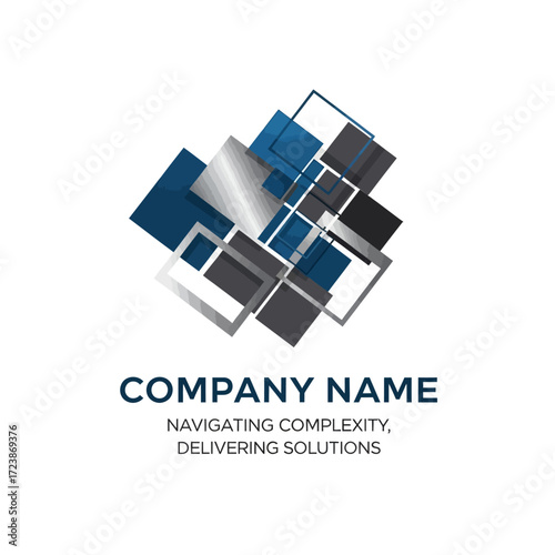 Abstract logo design featuring overlapping squares in shades of blue and silver, with the text "COMPANY NAME" and a tagline below.
