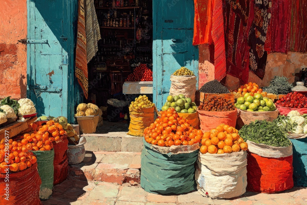 Obraz premium Vibrant painting of traditional fruit market with baskets of fresh produce