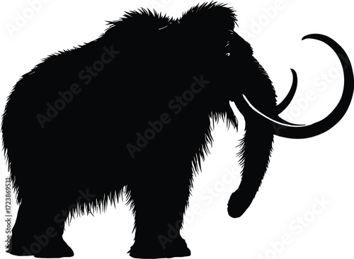Woolly Mammoth Silhouette Vector Featuring Curved Tusks, Shaggy Coat, and Prehistoric Animal Profile in Line Art Style