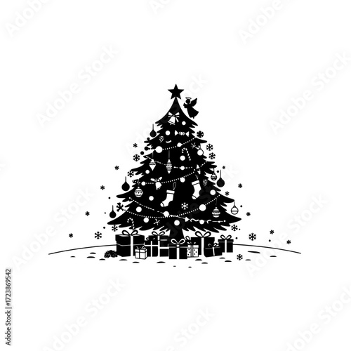 Christmas tree with gifts holiday decoration ornament star angel celebration season december festive design