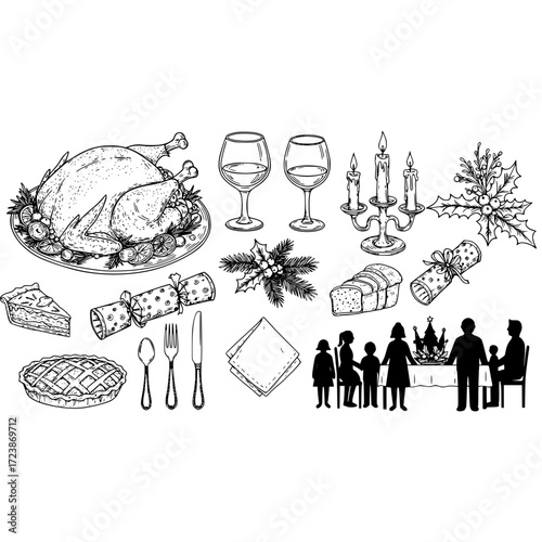 Thanksgiving dinner christmas celebration family holiday feast turkey wine pie candles holly cracker drawing
