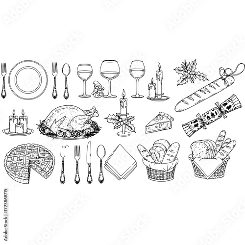 Thanksgiving dinner feast celebration holiday food wine turkey pie bread candle christmas cracker vector art