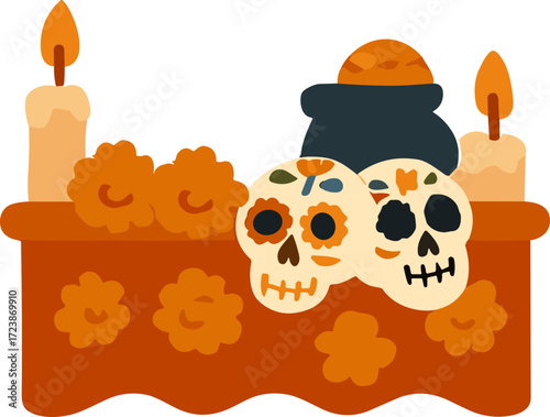 An illustration of a Día de los Muertos altar with candles, marigold flowers, decorated sugar skulls, and traditional bread on a table.