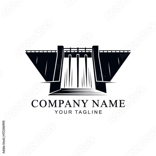 Black and white illustration of a dam with water flowing through, company name and tagline.