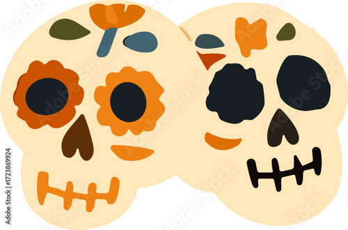 An illustration of two decorated sugar skulls with colorful floral patterns, representing the Día de los Muertos tradition.