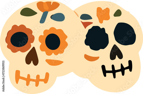 An illustration of two decorated sugar skulls with colorful floral patterns, representing the Día de los Muertos tradition.
