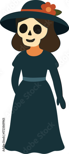 An illustration of a Día de los Muertos female skeleton figure wearing a dark dress and wide-brimmed hat decorated with a flower.