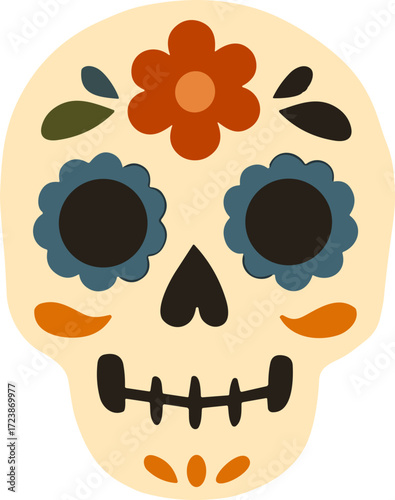 An illustration of a colorful sugar skull decorated with flowers, leaves, and vibrant patterns for Día de los Muertos.
