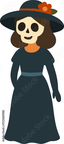 An illustration of a Día de los Muertos female skeleton figure wearing a dark dress and wide-brimmed hat decorated with a flower.