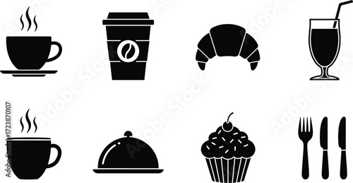 Black silhouette icons of coffee cup, takeaway drink, croissant, juice glass, muffin, food cloche, cutlery set for restaurant