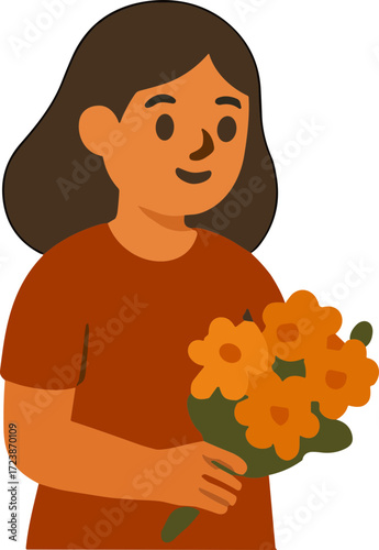An illustration of a woman holding a bouquet of marigold flowers, symbolizing an offering for Día de los Muertos.