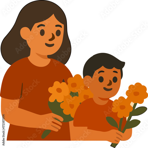 An illustration of a woman and a child holding marigold flowers as offerings for Día de los Muertos.