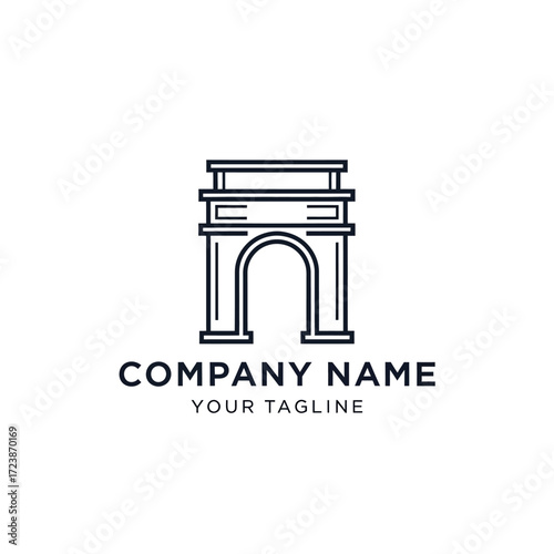 Minimalist line art logo of a triumphal arch, suitable for a company.