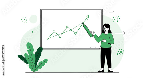 Illustration of a businesswoman presenting a graph on a whiteboard demonstrating business growth