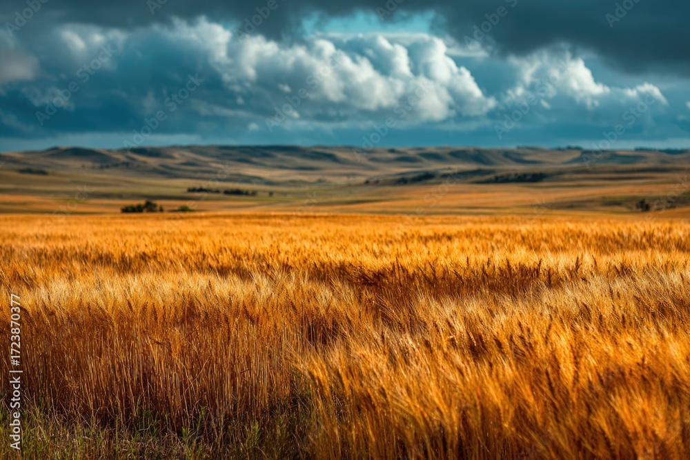 Obraz premium Golden wheat field under dramatic cloudy sky in rural landscape