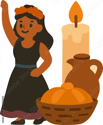 An illustration of a girl with a marigold headband raising her arm, standing beside a lit candle, a jug, and a basket with pan de muerto, symbolizing Día de los Muertos traditions.