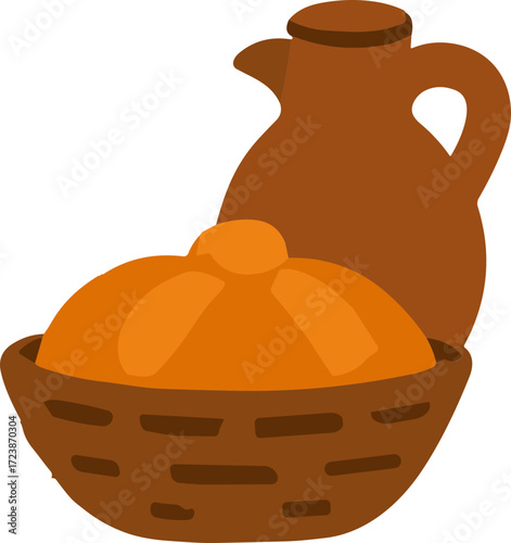 An illustration of a Día de los Muertos offering showing a clay jug and a basket with traditional pan de muerto bread.