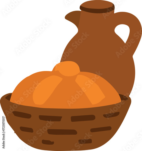 An illustration of a Día de los Muertos offering showing a clay jug and a basket with traditional pan de muerto bread.