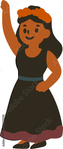 An illustration of a woman in a black dress with a marigold flower crown, raising her hand in celebration, symbolizing Día de los Muertos festivities.