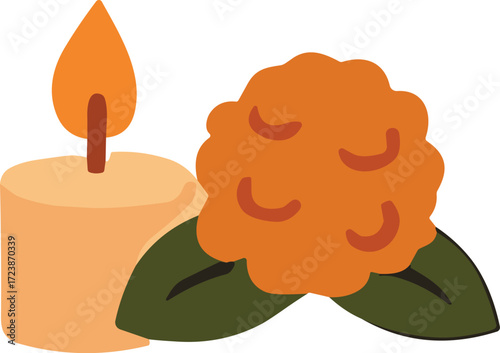 The image shows a Día de los Muertos illustration of a lit candle beside an orange marigold flower with green leaves, symbolizing remembrance and guidance for spirits.